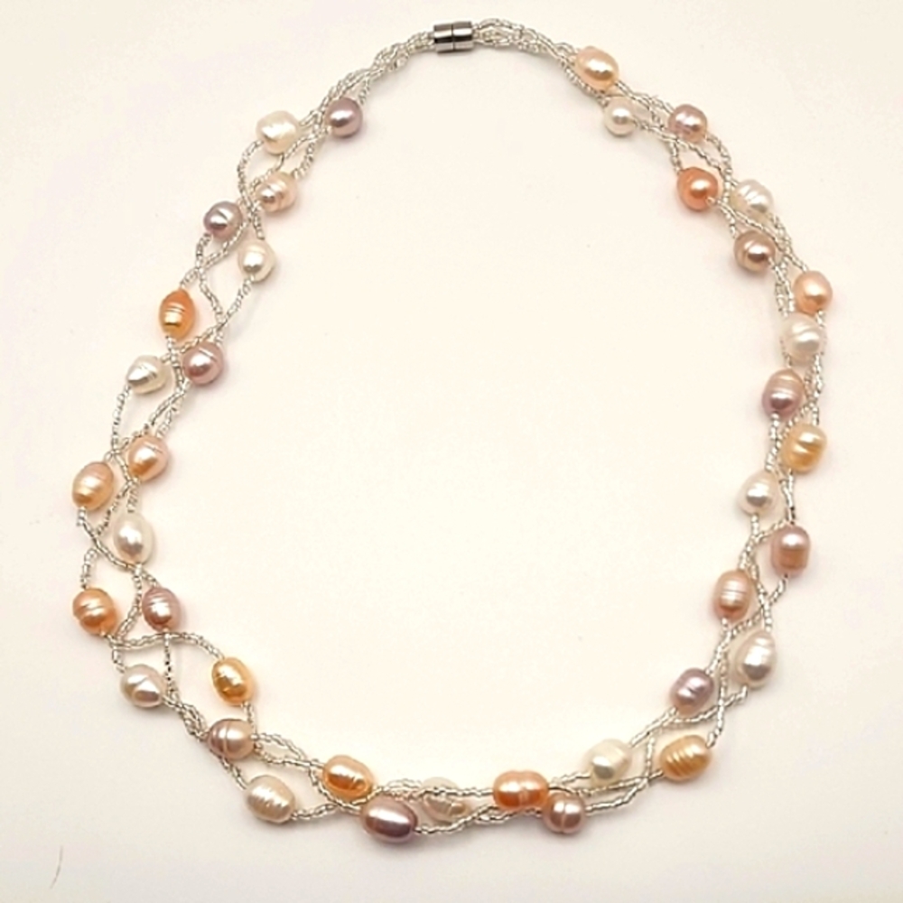 Elegant Braided Fresh Wster Pearl Necklace with Silver Accents